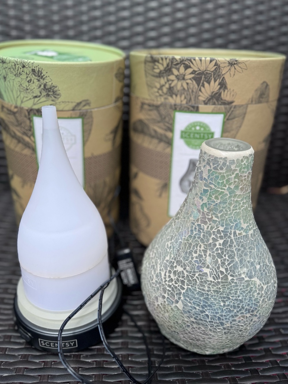 Scentsy Essential Teardrop Oil Diffuser Base and Enchant Mosaic Shade With Boxes